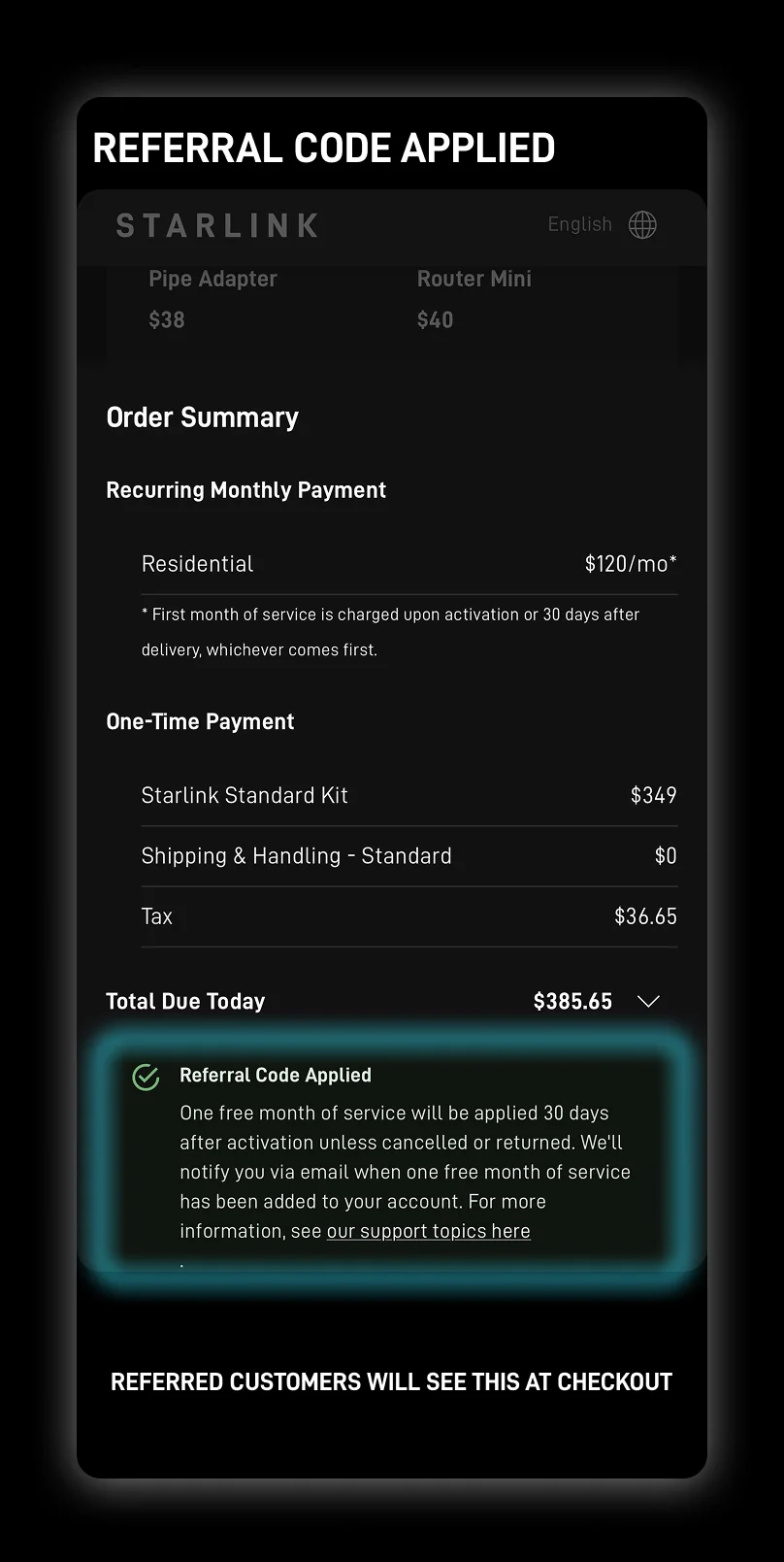 Screenshot of the Starlink checkout page showing "Referral Code Applied"