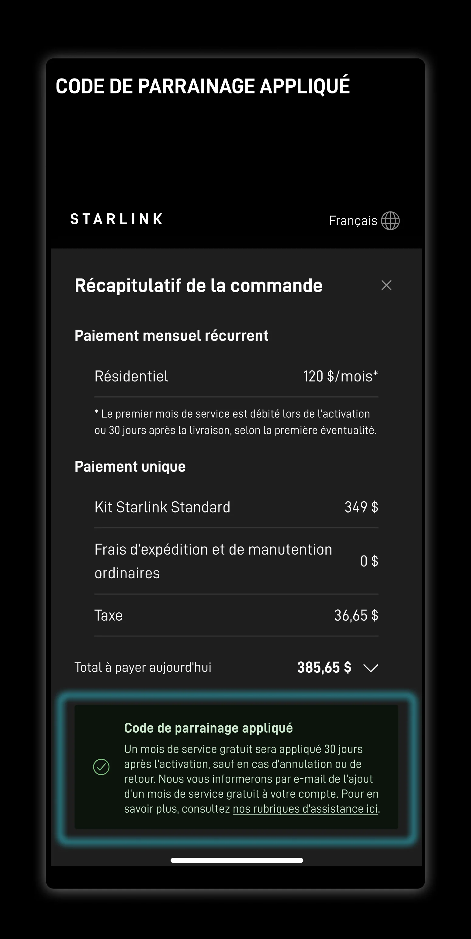 Capture d’écran de la page de paiement Starlink affichant « Code de ...